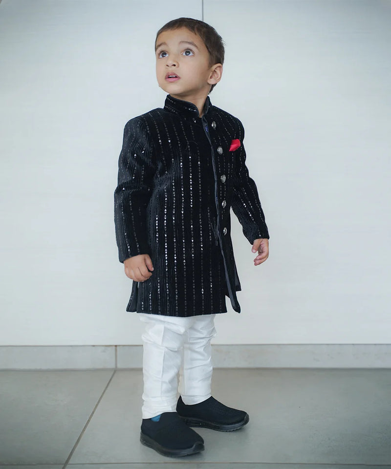 shimmer velvet achkan for boys 