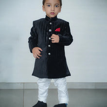 black color velvet achkan with white pajama for boys