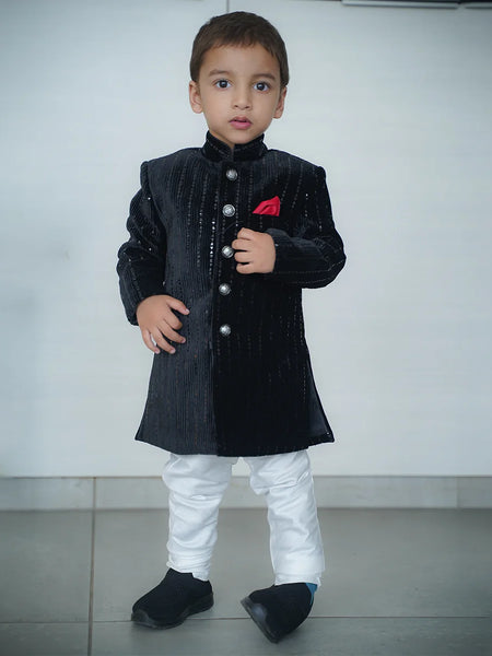 black color velvet achkan with white pajama for boys