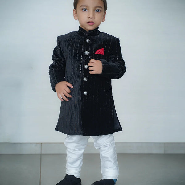 black color velvet achkan with white pajama for boys