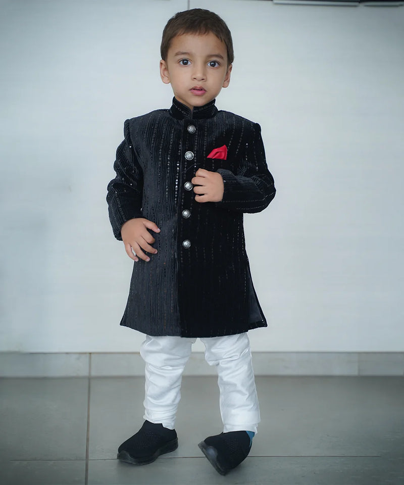 black color velvet achkan with white pajama for boys