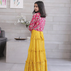 Elegant girls gown with full sleeves shrug, Jaipur kidswear showroom