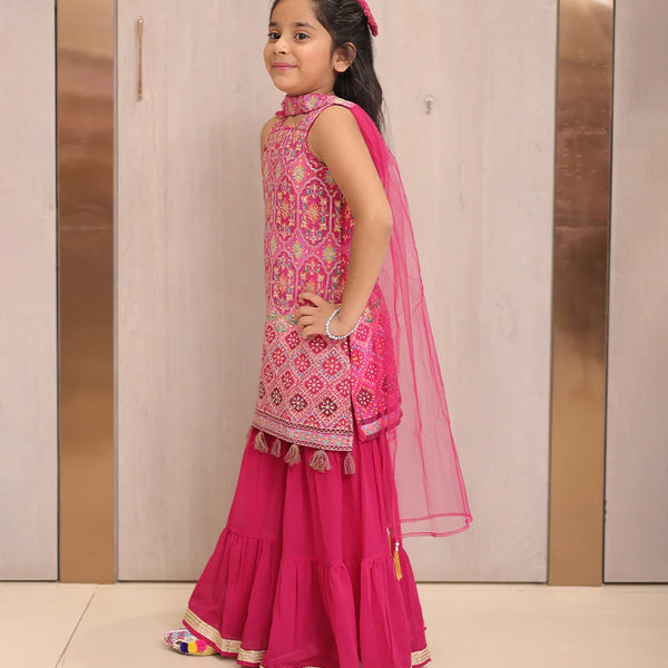 Rani pink sharara suit with mirror work, lehenga choli for kids near me Jaipur