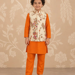Boys' orange kurta pyjama with cream printed jacket for Diwali by Devils N Angels Jaipur