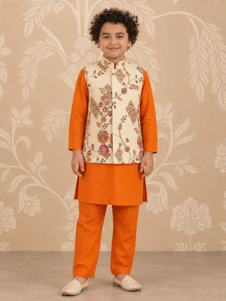 Boys' orange kurta pyjama with cream printed jacket for Diwali by Devils N Angels Jaipur