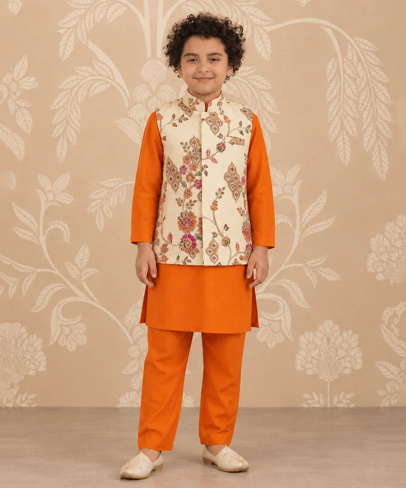 Boys' orange kurta pyjama with cream printed jacket for Diwali by Devils N Angels Jaipur