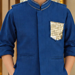 Baby boys' navy blue kurta pyjama and waistcoat set, Devils N Angels Jaipur, view 2