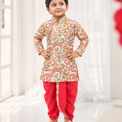 Baby boys' cream paisley print kurta with red dhoti, party wear by Devils N Angels Jaipur