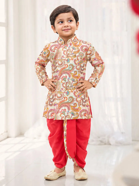 Baby boys' cream paisley print kurta with red dhoti, party wear by Devils N Angels Jaipur