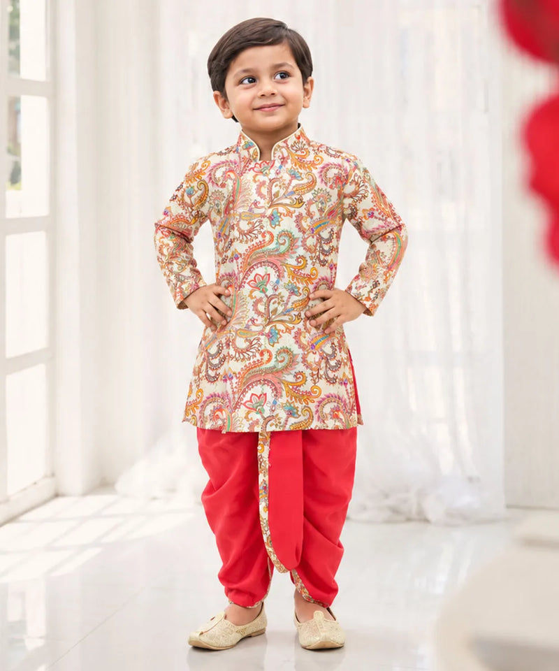 Baby boys' cream paisley print kurta with red dhoti, party wear by Devils N Angels Jaipur