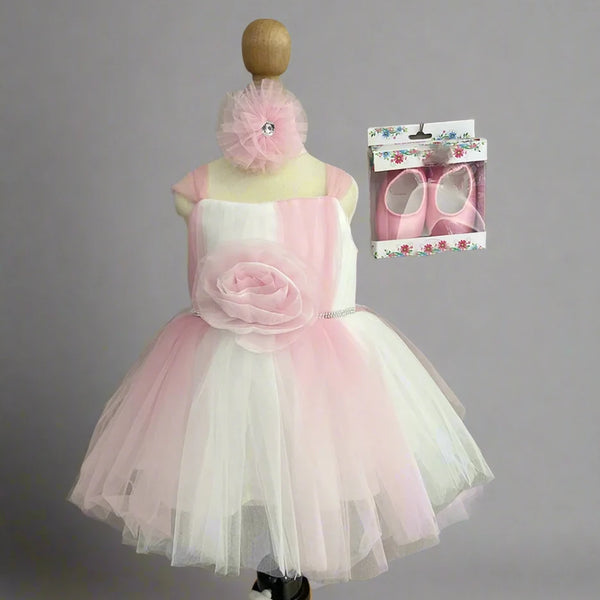 Pink & White Coloured Short Party Frock with Matching Shoes