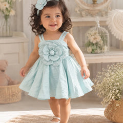 Pastel blue sleeveless baby girl frock with full flared skirt and floral detailing