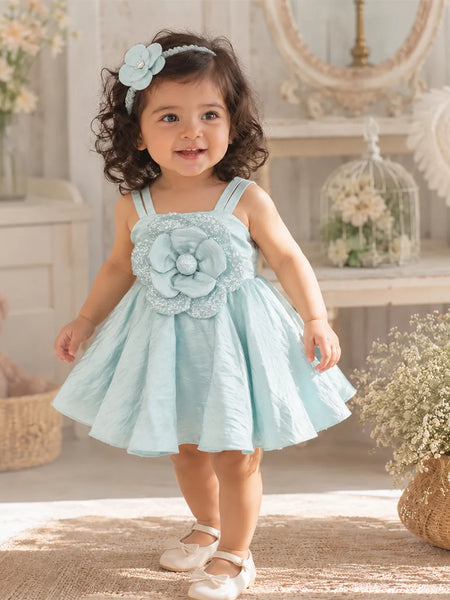 Pastel blue sleeveless baby girl frock with full flared skirt and floral detailing