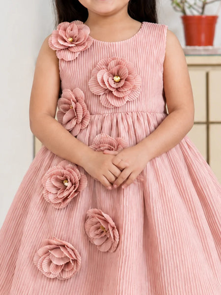 Baby girls' dusty pink pleated frock with fabric flowers, view 2