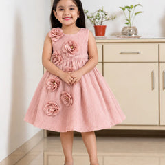 A young girl stands indoors wearing a sleeveless pink pleated dress with large fabric flowers attached to the bodice and skirt. The dress has a round neckline and a flared skirt, and she is wearing white shoes.