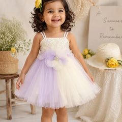 Lavender and ivory sleeveless baby girl frock with full tulle skirt