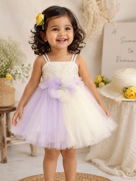 Lavender and ivory sleeveless baby girl frock with full tulle skirt