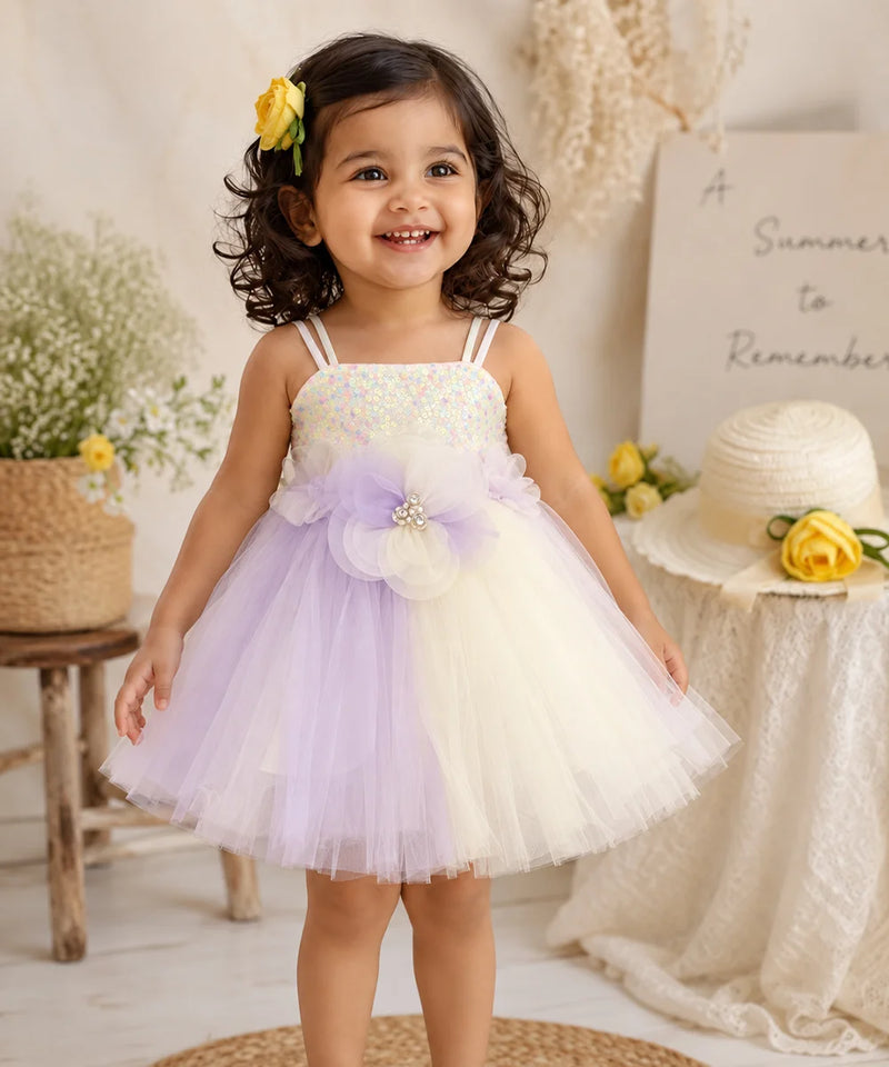Lavender and ivory sleeveless baby girl frock with full tulle skirt