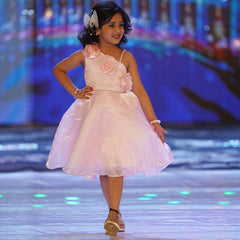 Baby girl party frock online, soft pink with floral appliqué, knee length