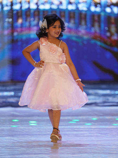 Baby girl party frock online, soft pink with floral appliqué, knee length