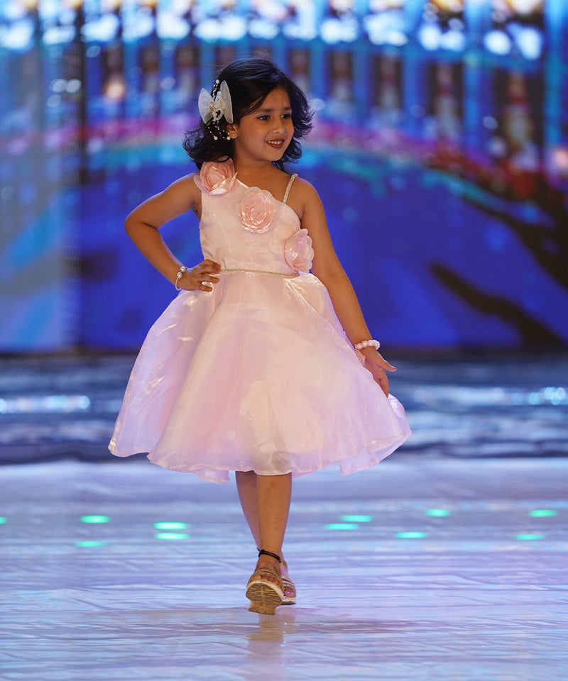 Baby girl party frock online, soft pink with floral appliqué, knee length