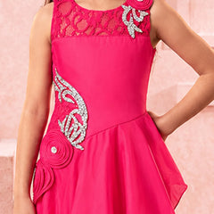A bright pink sleeveless dress with a lace yoke, silver rhinestone floral embellishments, and matching pink fabric flowers, shown on a child model against a soft pink background.
