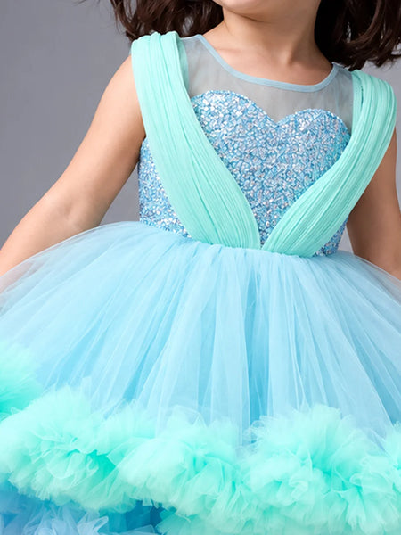 Baby girls' sky blue sequin net frock, view 2