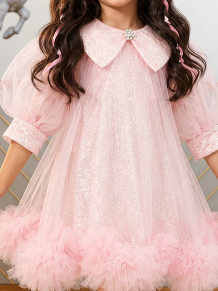 Girls' pink sequin net frock with puff sleeves, view 2