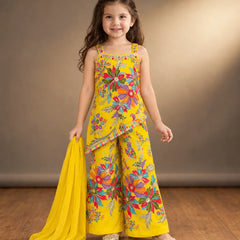 Yellow thread embroidery sharara set for girls with kurta top and dupatta