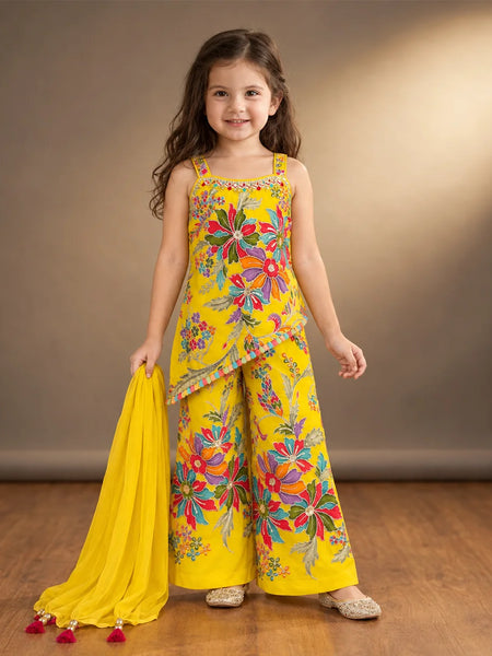 Yellow thread embroidery sharara set for girls with kurta top and dupatta