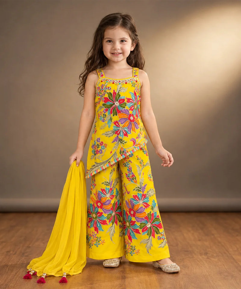 Yellow thread embroidery sharara set for girls with kurta top and dupatta