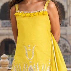 A bright yellow sleeveless traditional outfit with silver embroidery and tassel trim, worn by a model in front of a blurred architectural background.