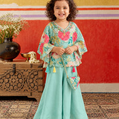 Sea green floral printed kaftan top for girls with sequin work.   