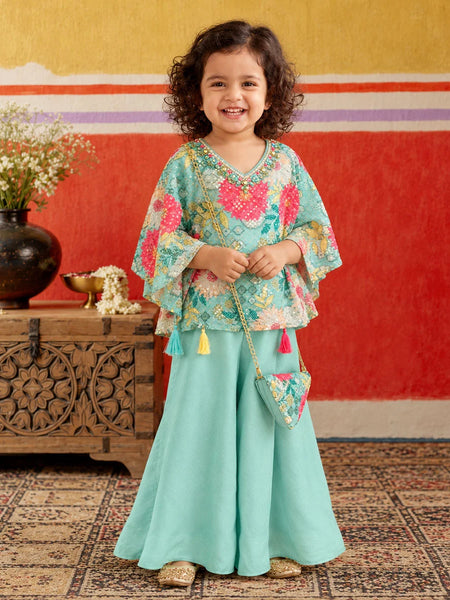 Sea green floral printed kaftan top for girls with sequin work.   