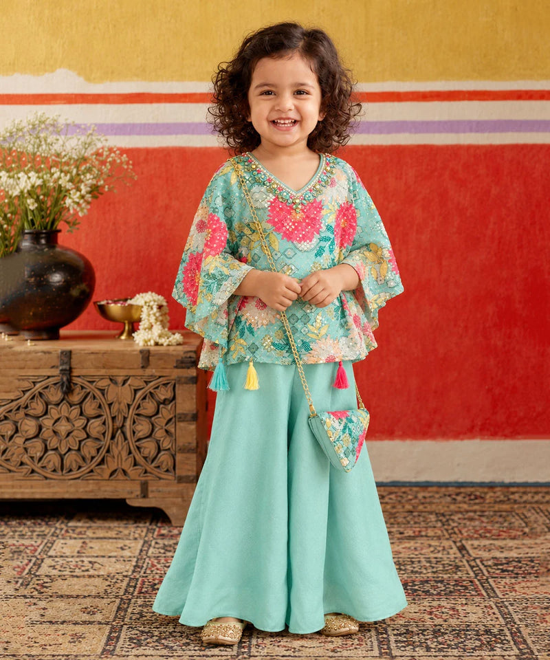 Sea green floral printed kaftan top for girls with sequin work.   