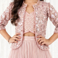 Elegant pink 3-piece jacket lehenga set for girls, perfect for weddings, parties and festive occasions.