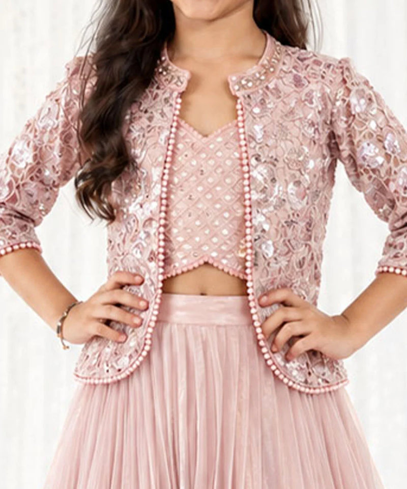 Elegant pink 3-piece jacket lehenga set for girls, perfect for weddings, parties and festive occasions.