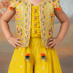 Devils N Angels Yellow Embroidered Jacket, Pleated Top & Sharara Set for Girls | Jaipur