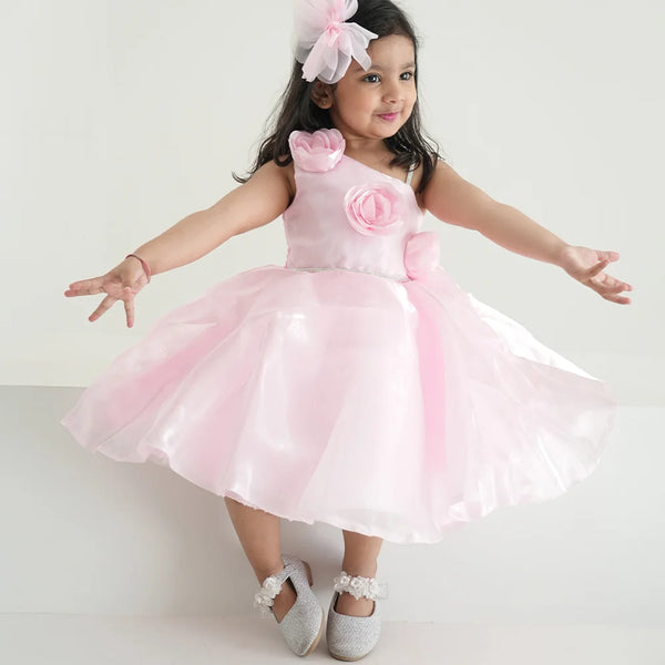 This is a beautiful baby pink coloured kids birthday frock that comes with a back zip closure. It features cute floral detailing on the dress that adds grace to the look.