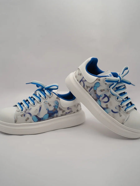 Kids' blue and white cartoon print sneakers with blue laces and collar, Jaipur, ages 1–8 years
