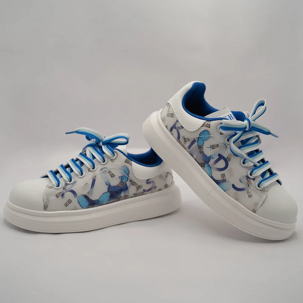 Kids' blue and white cartoon print sneakers with blue laces and collar, Jaipur, ages 1–8 years
