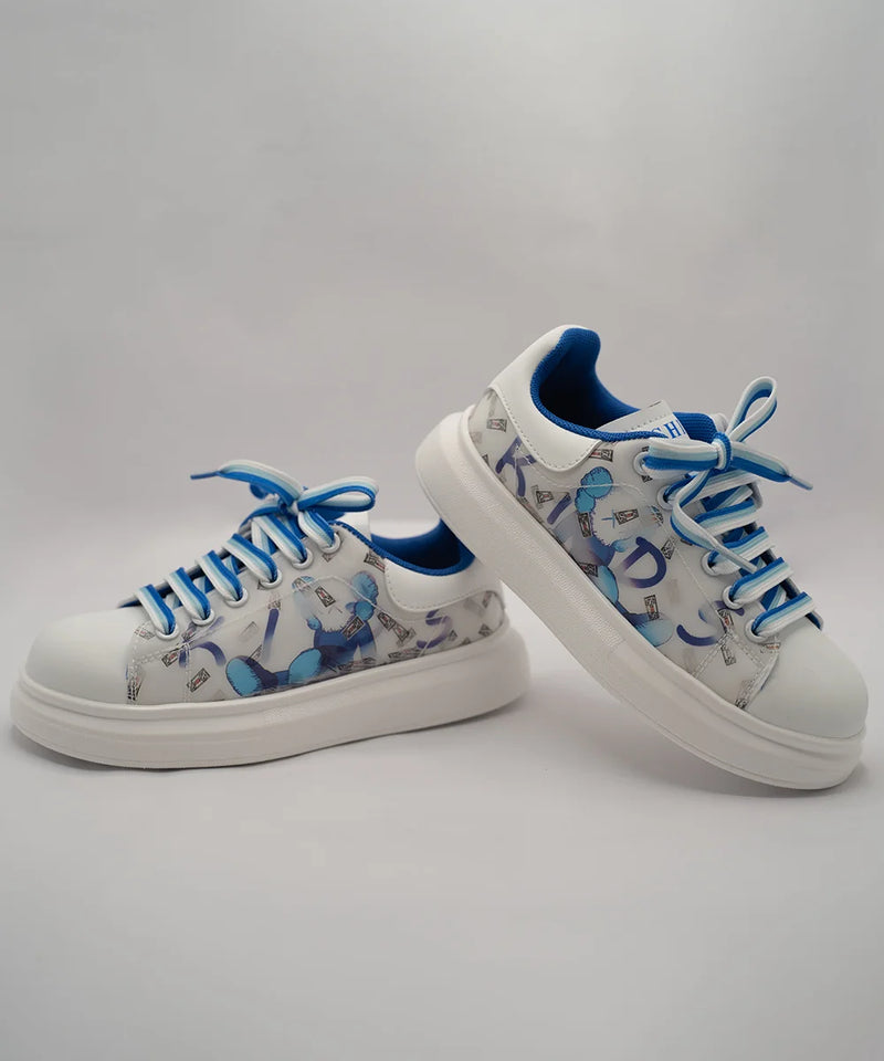 Kids' blue and white cartoon print sneakers with blue laces and collar, Jaipur, ages 1–8 years
