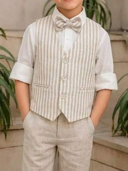 White and Beige Colored Self-Striped Waist Coat Set | Jaipur