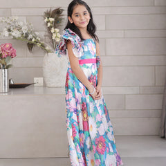 Ball gown frill design for girls, blue floral children’s gown Jaipur