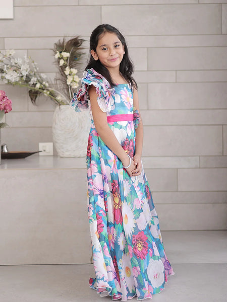 Ball gown frill design for girls, blue floral children’s gown Jaipur
