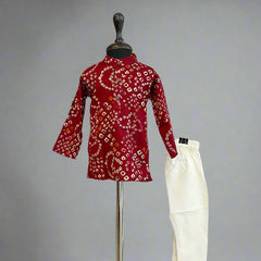 wedding wear maroon bandhej print kurta with cream pajamas for boys 
