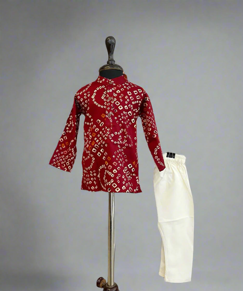 wedding wear maroon bandhej print kurta with cream pajamas for boys 