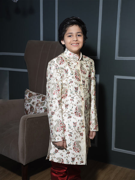 Designer bandhgala sherwani for boys, stylized buttons and pocket square, Jaipur outfit

