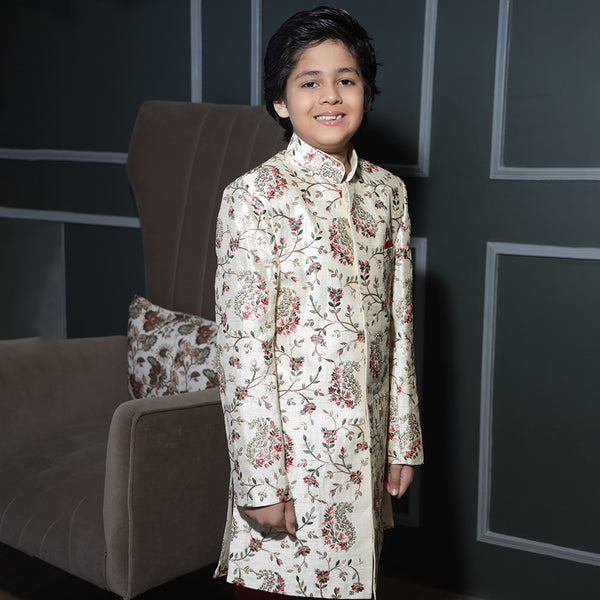Designer bandhgala sherwani for boys, stylized buttons and pocket square, Jaipur outfit

