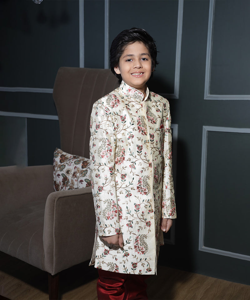 Designer bandhgala sherwani for boys, stylized buttons and pocket square, Jaipur outfit

